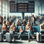 Eine geschäftige Flughafenhalle mit Passagieren, die von einem Flugstreik betroffen sind. Männer, Frauen und Kinder warten mit Gepäck, während sie frustriert ihre Mobiltelefone überprüfen oder besorgt auf Anzeigetafeln mit 'Cancelled'-Mitteilungen blicken. Die Atmosphäre spiegelt die Unsicherheit und Anspannung wider, die durch den Ausfall von Flügen entstehen.