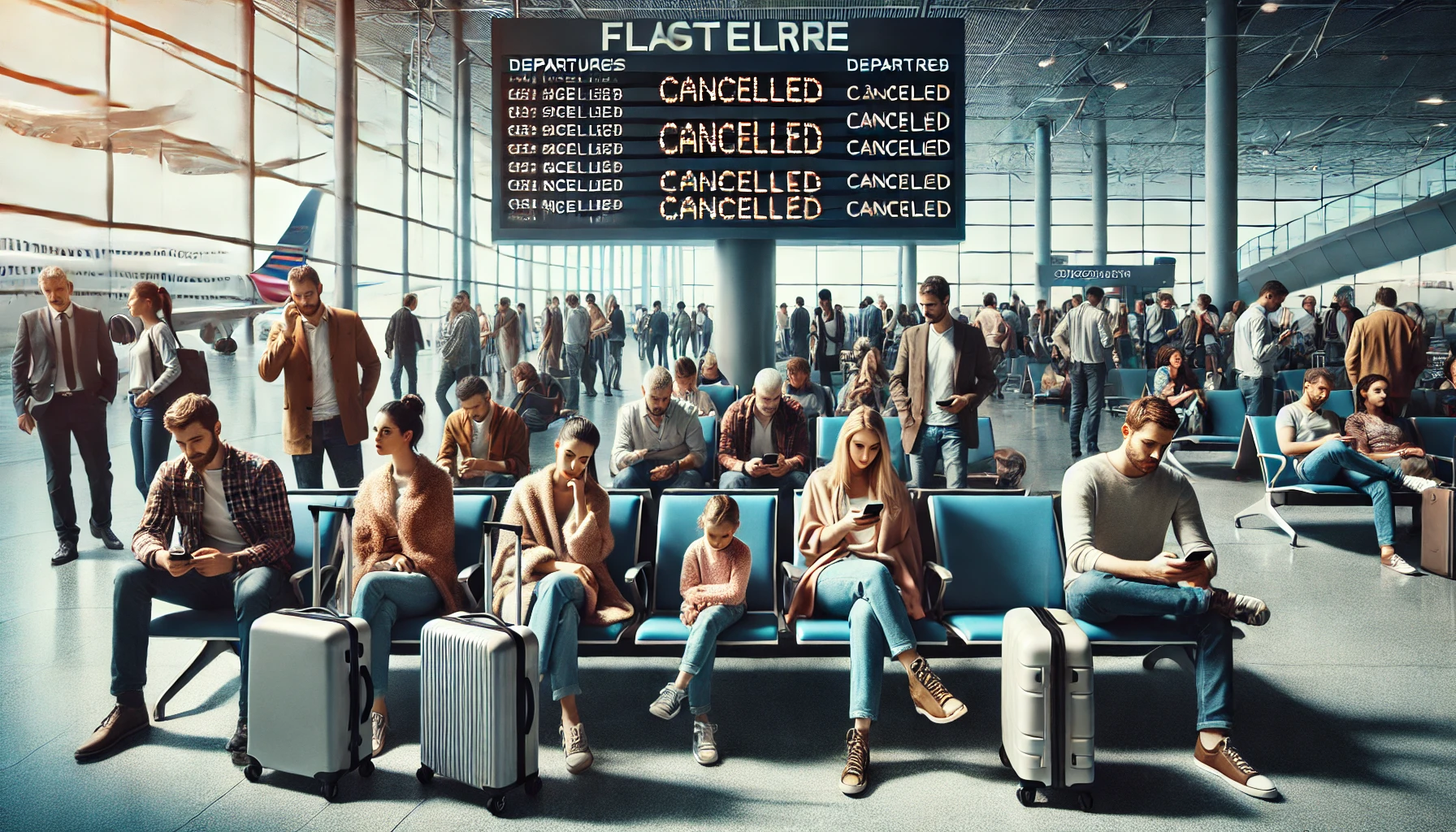 Eine geschäftige Flughafenhalle mit Passagieren, die von einem Flugstreik betroffen sind. Männer, Frauen und Kinder warten mit Gepäck, während sie frustriert ihre Mobiltelefone überprüfen oder besorgt auf Anzeigetafeln mit 'Cancelled'-Mitteilungen blicken. Die Atmosphäre spiegelt die Unsicherheit und Anspannung wider, die durch den Ausfall von Flügen entstehen.