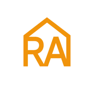 modernes Icon mit orangefarbenem Hausrahmen und den Buchstaben RA als Symbol für Mietrecht und Rechtsanwalt Raters