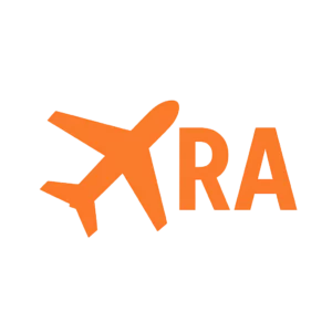 Stilisiertes orangefarbenes Flugzeug mit RA-Schriftzug – Icon für Reiserecht auf rechtsanwalt-raters.de